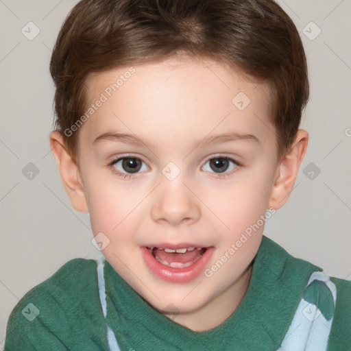 Joyful white child female with short  brown hair and brown eyes