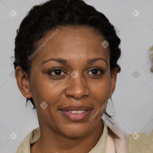 Joyful black adult female with short  brown hair and brown eyes