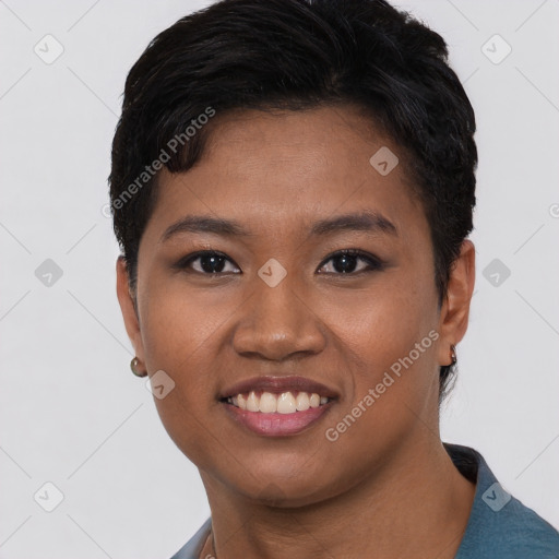 Joyful asian young-adult female with short  brown hair and brown eyes