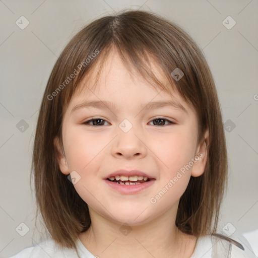 Joyful white child female with medium  brown hair and brown eyes