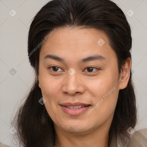 Joyful white young-adult female with medium  brown hair and brown eyes