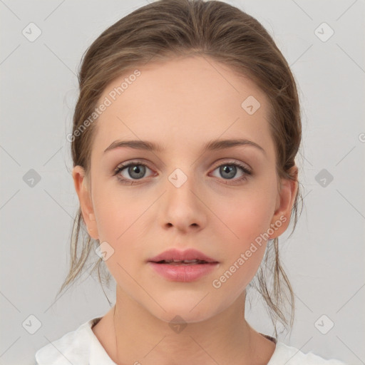 Neutral white young-adult female with medium  brown hair and grey eyes