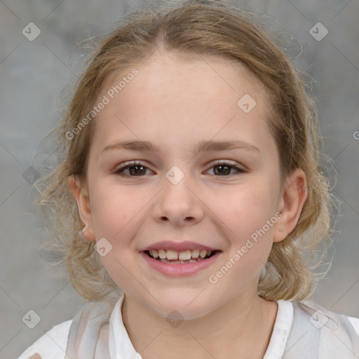 Joyful white child female with medium  brown hair and brown eyes