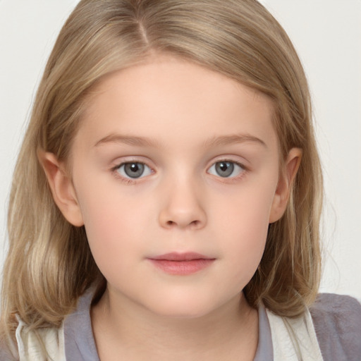 Neutral white child female with medium  brown hair and grey eyes