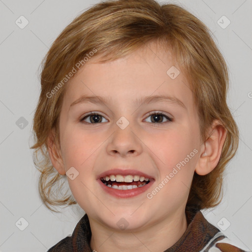 Joyful white child female with medium  brown hair and brown eyes