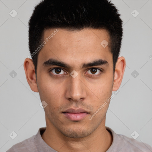 Neutral white young-adult male with short  brown hair and brown eyes