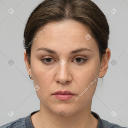 Neutral white young-adult female with short  brown hair and brown eyes