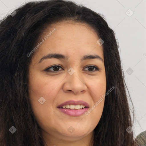 Joyful latino young-adult female with long  brown hair and brown eyes