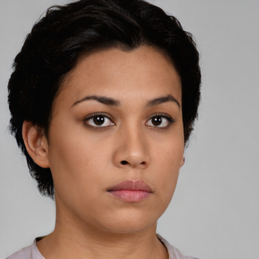 Neutral asian young-adult female with short  brown hair and brown eyes