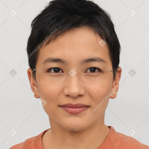 Joyful asian young-adult female with short  brown hair and brown eyes