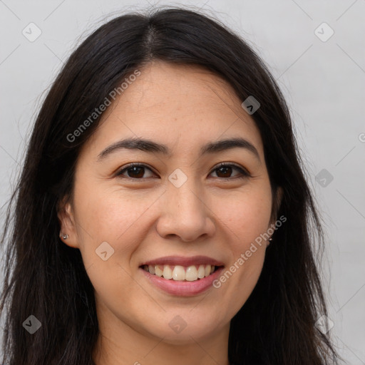 Joyful white young-adult female with long  brown hair and brown eyes