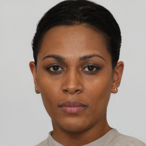 Neutral black young-adult female with short  black hair and brown eyes