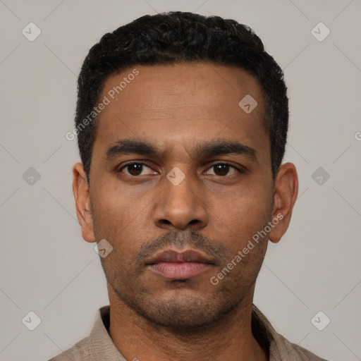 Neutral latino young-adult male with short  black hair and brown eyes
