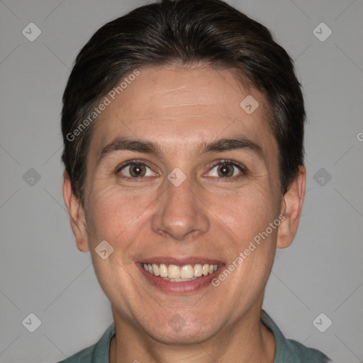 Joyful white adult female with short  brown hair and brown eyes