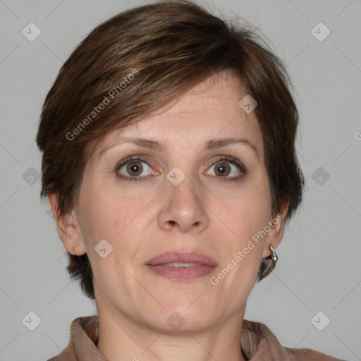 Joyful white adult female with medium  brown hair and grey eyes