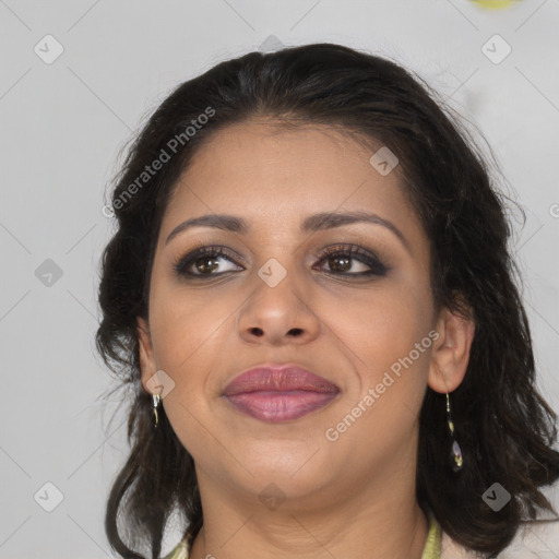 Joyful latino young-adult female with medium  brown hair and brown eyes
