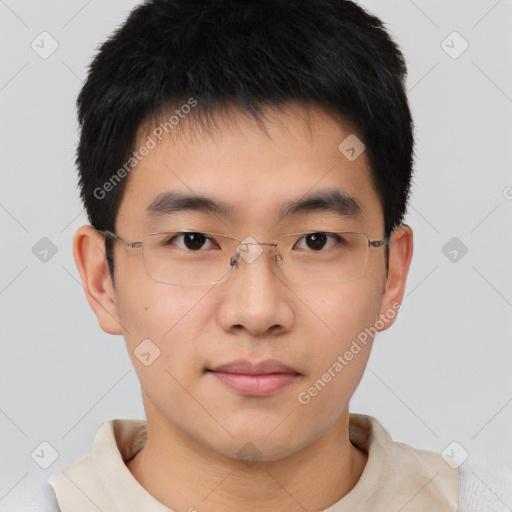 Neutral asian young-adult male with short  brown hair and brown eyes