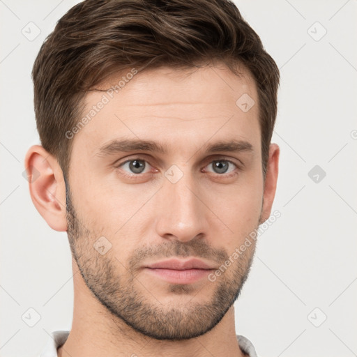 Neutral white young-adult male with short  brown hair and brown eyes