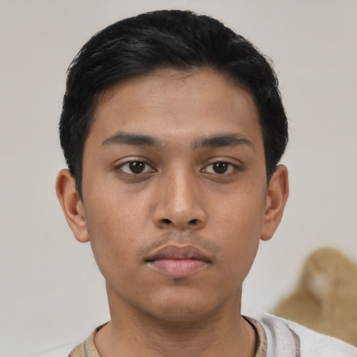 Neutral asian young-adult male with short  black hair and brown eyes