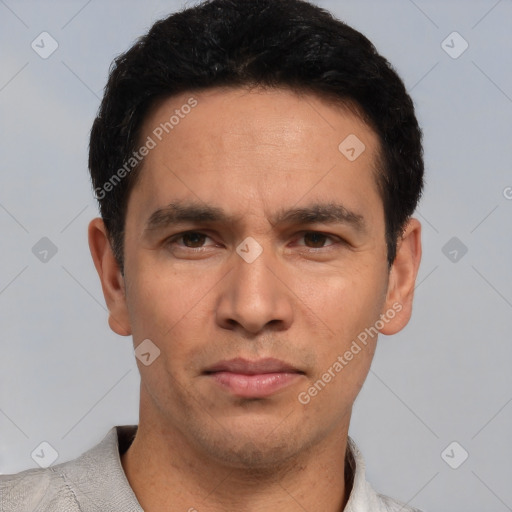 Neutral white adult male with short  black hair and brown eyes