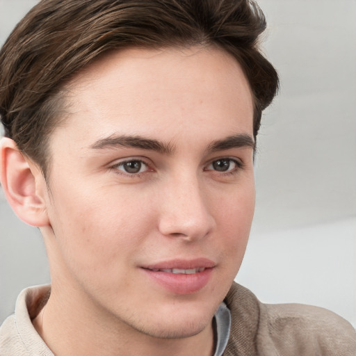 Neutral white young-adult male with short  brown hair and grey eyes