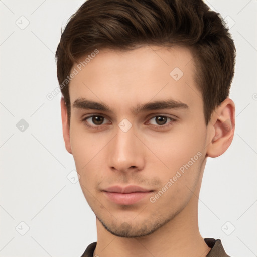 Neutral white young-adult male with short  brown hair and brown eyes