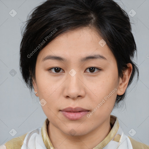 Neutral white young-adult female with medium  brown hair and brown eyes