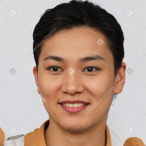 Joyful latino young-adult female with short  brown hair and brown eyes