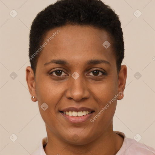 Joyful black young-adult female with short  brown hair and brown eyes