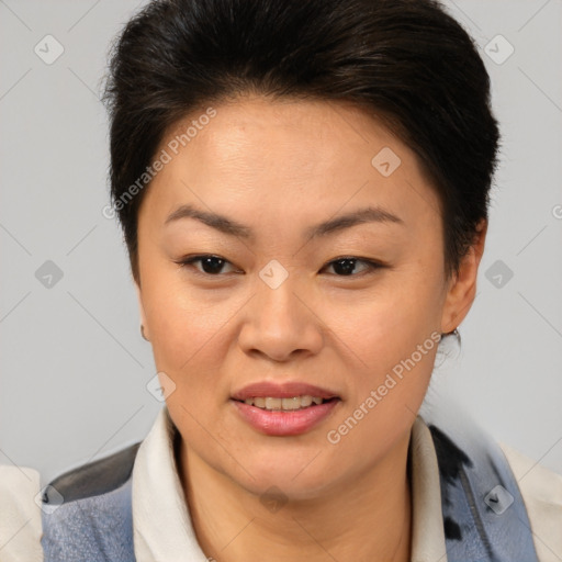 Joyful asian young-adult female with short  brown hair and brown eyes