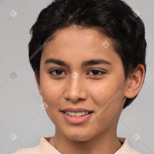 Joyful latino young-adult female with short  brown hair and brown eyes