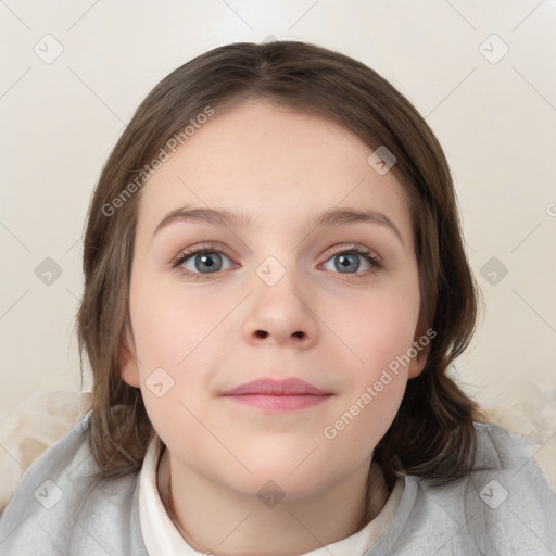 Neutral white child female with medium  brown hair and grey eyes