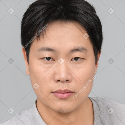 Neutral asian young-adult male with short  black hair and brown eyes