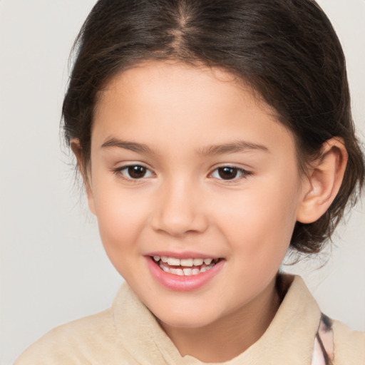 Joyful white child female with medium  brown hair and brown eyes