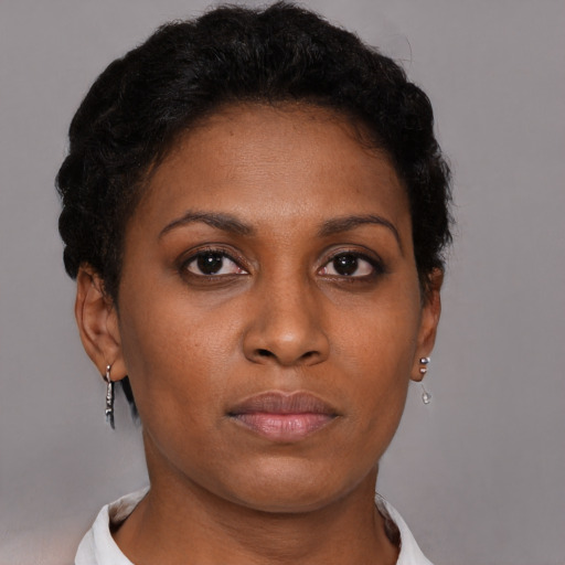 Neutral black young-adult female with short  brown hair and brown eyes