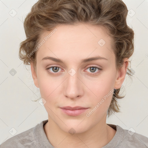 Neutral white young-adult female with medium  brown hair and blue eyes