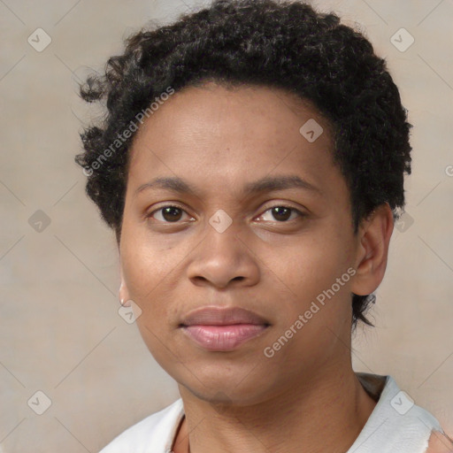 Neutral black young-adult female with short  brown hair and brown eyes