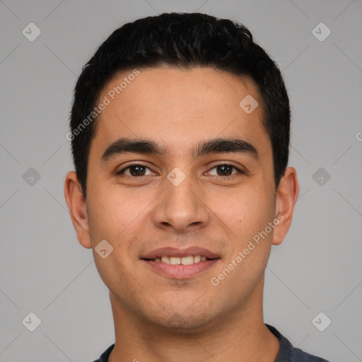 Joyful white young-adult male with short  black hair and brown eyes