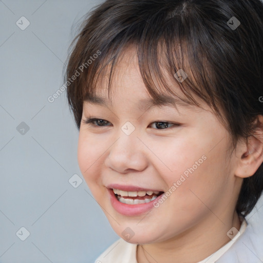 Joyful white child female with medium  brown hair and brown eyes