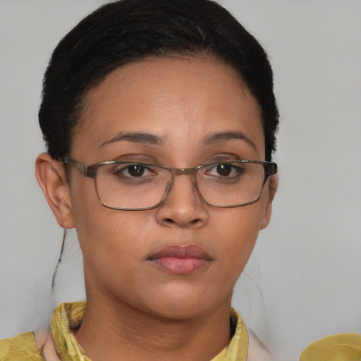 Neutral asian young-adult female with short  brown hair and brown eyes