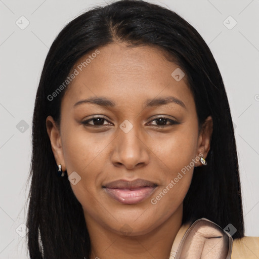 Joyful latino young-adult female with long  brown hair and brown eyes
