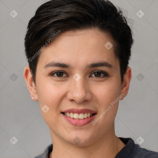 Joyful white young-adult female with short  brown hair and brown eyes