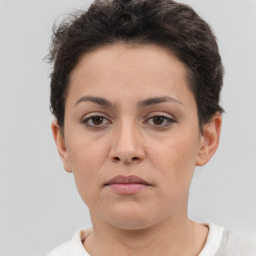 Neutral white young-adult female with short  brown hair and brown eyes