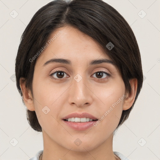 Joyful white young-adult female with medium  brown hair and brown eyes