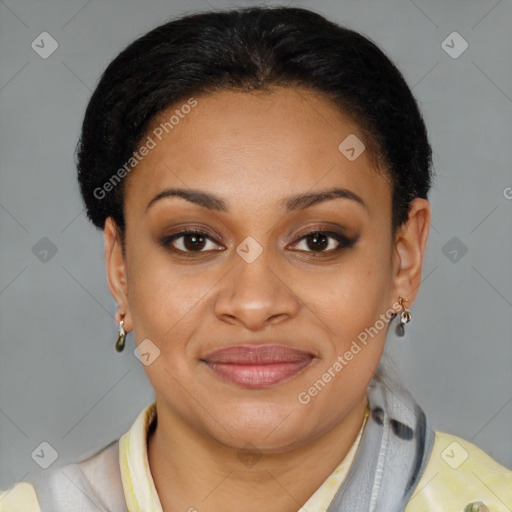 Joyful latino young-adult female with short  brown hair and brown eyes