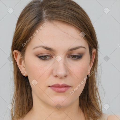 Neutral white young-adult female with medium  brown hair and brown eyes