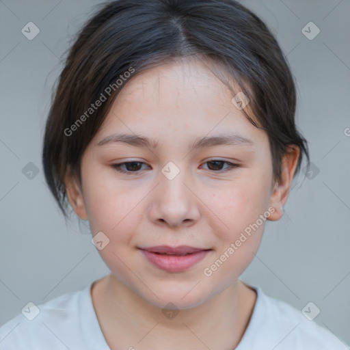 Joyful white child female with medium  brown hair and brown eyes