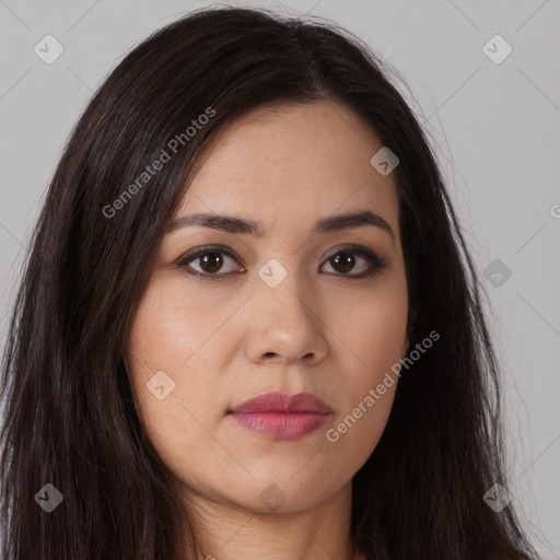 Neutral white young-adult female with long  brown hair and brown eyes