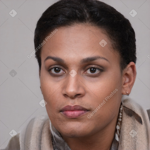 Neutral black young-adult female with short  brown hair and brown eyes