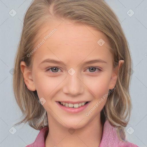 Joyful white child female with medium  brown hair and brown eyes